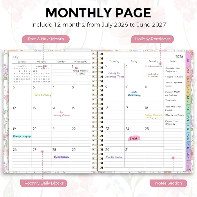 SKYDUE 2026-2027 Monthly and Weekly Academic Planner, July 2026-June 2027, 8.5"x11", Agenda Calendar with Colorful Tabs and Storage Pocket, Ideal for School Office Supplies