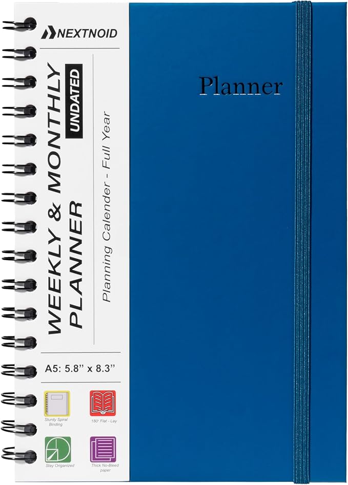Undated Monthly and Weekly Planner - 12 Month Calendar Planner Notebook with Week Days - Hardcover Undated Planners Blank Agenda Book - A5 Navy Blue
