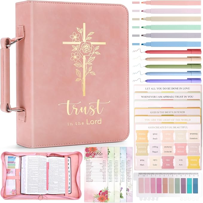 XKDOUS Bible Cover Case for Women, Leather Bible Bags with Study Supplies Journaling Kit, Gold Foiled Carrying Case Large Church Book Holder with Handle, Christian Gifts for Lady