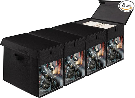 4 Pack Comic Book Storage Box with Lid for Modern Age, Collapsible Magazine Organizer with Clear Window, Heavy Duty Case Container Holder, Black