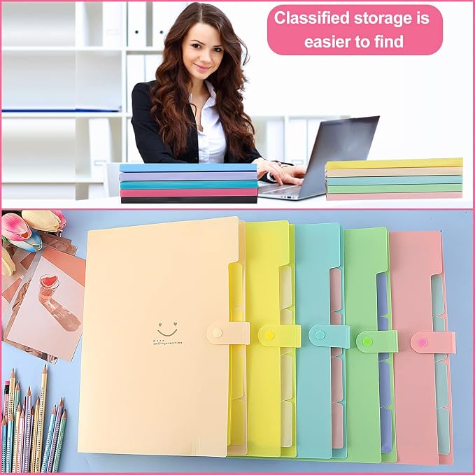 10PCS Expanding File Folders,A4 Letter Size Accordion Document Organizer,Plastic 5 Pocket Accordion Folder,Expandable File Folder with Snap Closure,120 Labels in 12 Colors for School Office Supplies