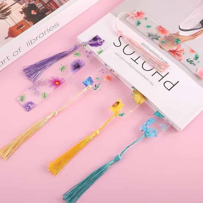 20Pcs Flower Resin Bookmark Transparent Floral Bookmarks for Women Cute Bookmarks Flower Page Marker with Tassels Graduation Gifts for Women