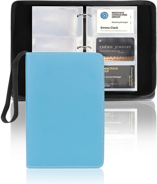 Leather Business Card Book Holder Organizer, Professional Name Card Book Holder with 300 Card Capacity, Portable PU Credit Card Binder File Sleeve Storage for Men Women,25 Pack Sleeves Zipper Closure
