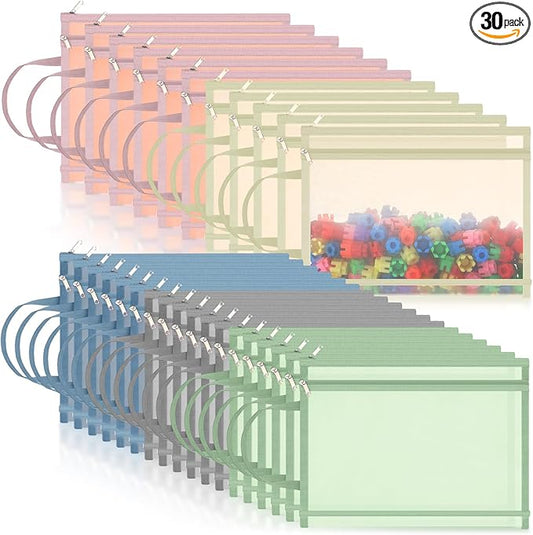 Marspark 30 Pack Classic Color Mesh Zipper Pouch Bags A4 Nylon Organizing Bags Breathable See Through Zipper Pouch with Handle for Office Games