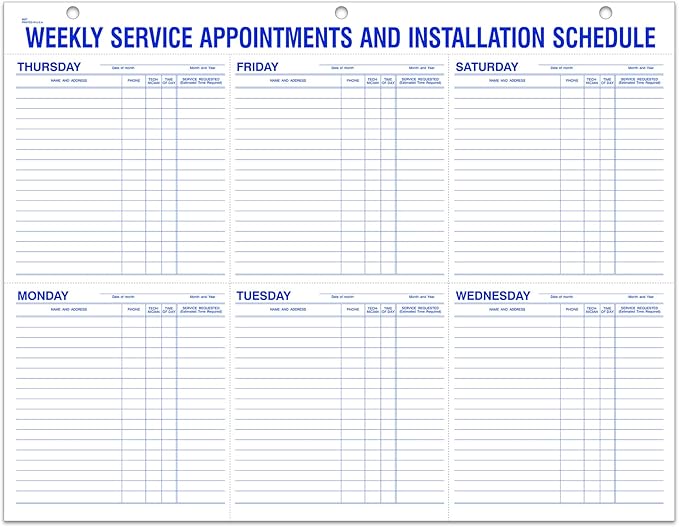 Weekly Service Appointment Schedule Pad 22 x 17 Desk Planner - Installation Scheduling Notepad, Technician Work Schedule Desk Pad, Perforated Office Appointment Log - 4 Pad (52 Sheets Per Pad)