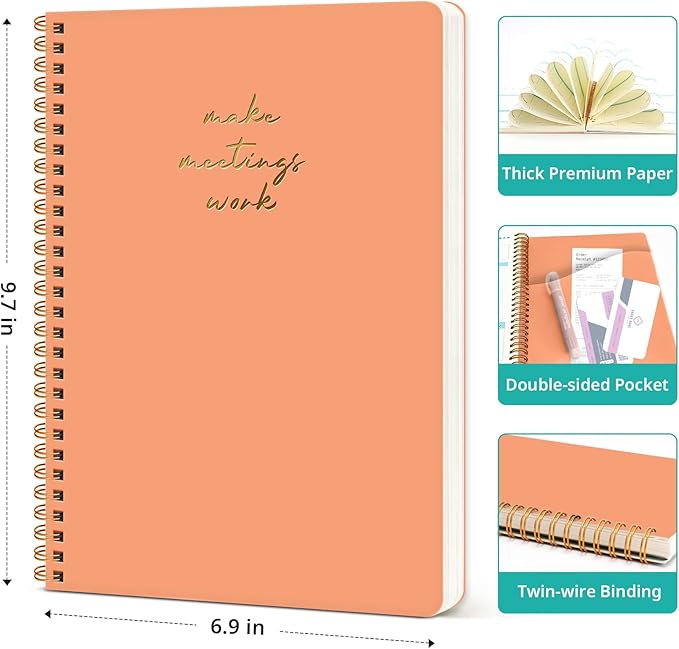Meeting Notebook for Work Organization - Work notebook with action items, Meeting Minutes Planner Notebook, Perfect Office Supplies for Men & Women - Coral