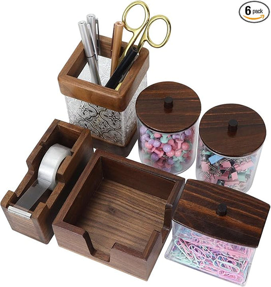 Buqoo 6-Piece Walnut Wood Desk Organizer Set - Pen Holder with Acrylic Insert, Tape Dispenser, Sticky Note Holder, Paper Clip Holder for Home Office School Supplies