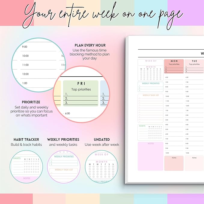 Weekly Hourly Planner Notepad, Daily Planner Desk Pad, Weekly Schedule, To Do List Note Pad, ADHD Planner | 50 Undated Tear Away Sheets | A4 (Rainbow)
