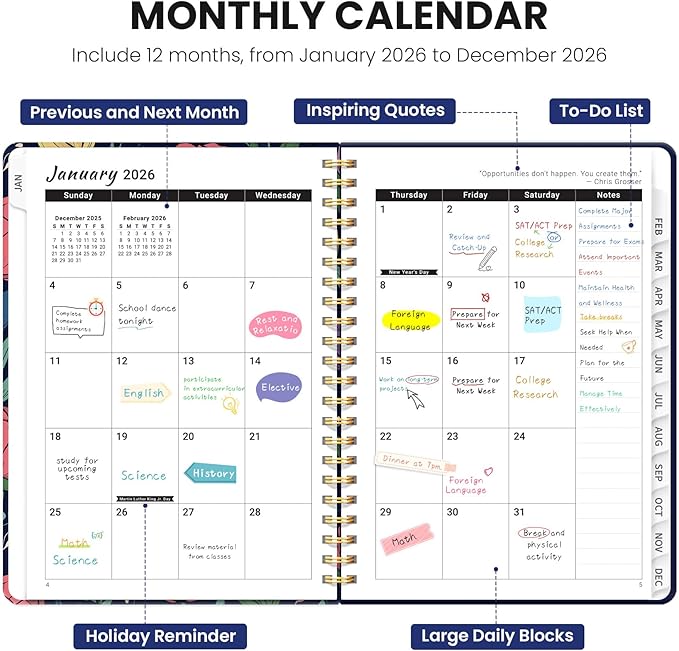 2026 Planner, Weekly and Monthly Planner for Women, January 2026 - December 2026, Hardcover 2026 Calendar Planner Book with Tabs, Inner Pocket, Spiral Bound, Perfect for Office Home School Supplies - A5 (6.3" x 8.5"), Colorful Tulips