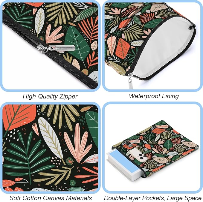 Book Sleeve Book Protector Book Pouch Book Lovers Gifts Bookish Gifts Book Cover with Zipper for Hardcover Paperback Washable Leaves Printed Gift Bag for Women Mom Grandma Birthday, BookCover