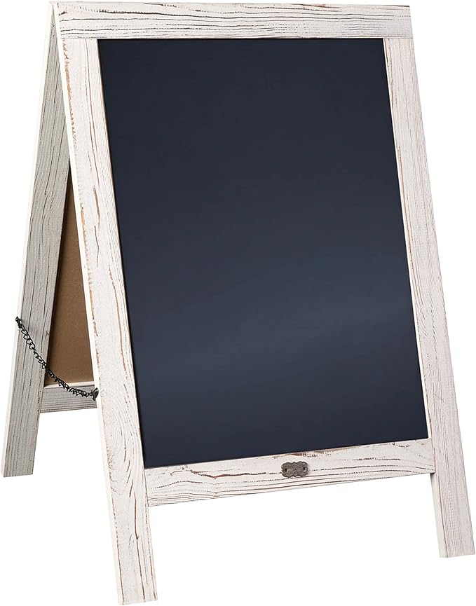 A Frame Chalkboard by HBCY Creations: 20x30 Solid Wood A-Frame Sign Whitewashed Double-Sided Magnetic Board, Chalkboard Menu Board, for Restaurants, Cafés, Weddings - Heavy Duty Hinges