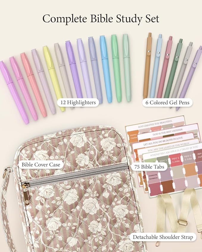BellaHold Bible Cover Case for Women, Large Bible Bag with Detachable Strap & Bible Study Supplies, 12 Highlighters, 6 Colored Gel Pens & 75 Bible Tabs, Christian Gifts for Women (Vintage Rose Stripe)