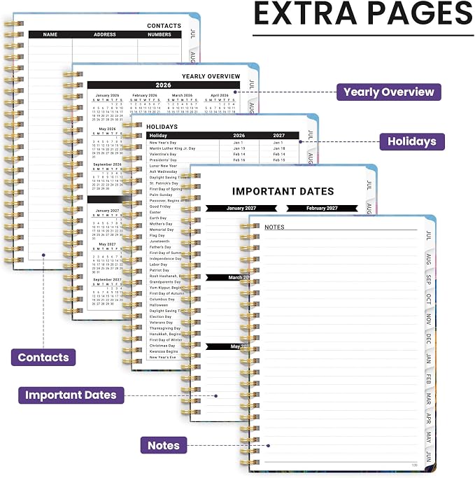 Planner 2026–2027, Academic Planner Weekly and Monthly Calendar Jul 2026 – Jun 2027 Hardcover Planner with Tabs and Pocket, Spiral Bound Agenda Book for Student & Teacher, 6.3" x 8.5", Golden Meadow