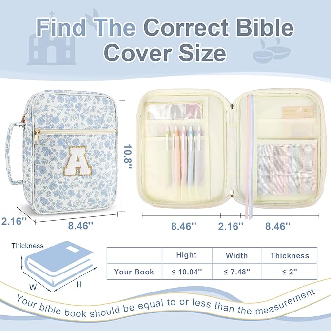 Personalized Initial Bible Cover Case for Women Girls Kid - Large Quilted Bible Case with Handle, Stylish Chenille Letter Bag Study Supplies, Perfect Christmas Gifts for Christians (Blue Flower-A)