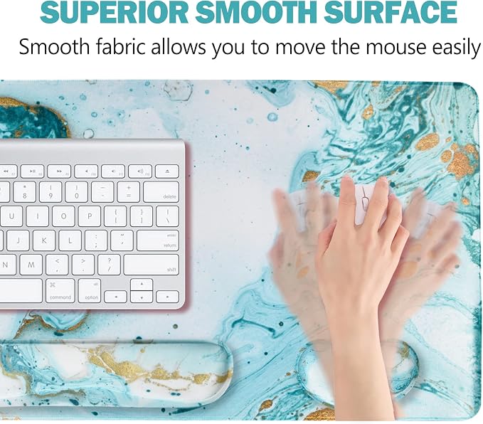 ARTSO Large Gaming Mouse Pad, Keyboard Wrist Rest Pad & Wrist Support Mousepad Set, Stitched Edge, Extended, Non-Slip Base, Memory Foam Desk Mat 4pcs for Office & Home, Teal Turqoise Marble