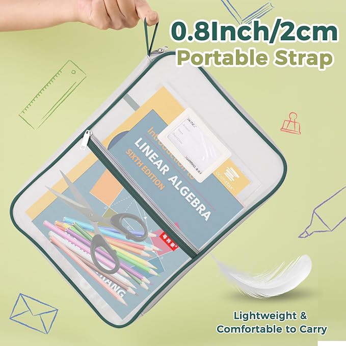 Pendancy Mesh Zipper Pouch 14.8x10.8 in Transparent Lightweight Nylon File Folders, A4 Size Multi-Layer Subject Document Organizer Accessories Storage Bag for Office and School Supplies(Green)
