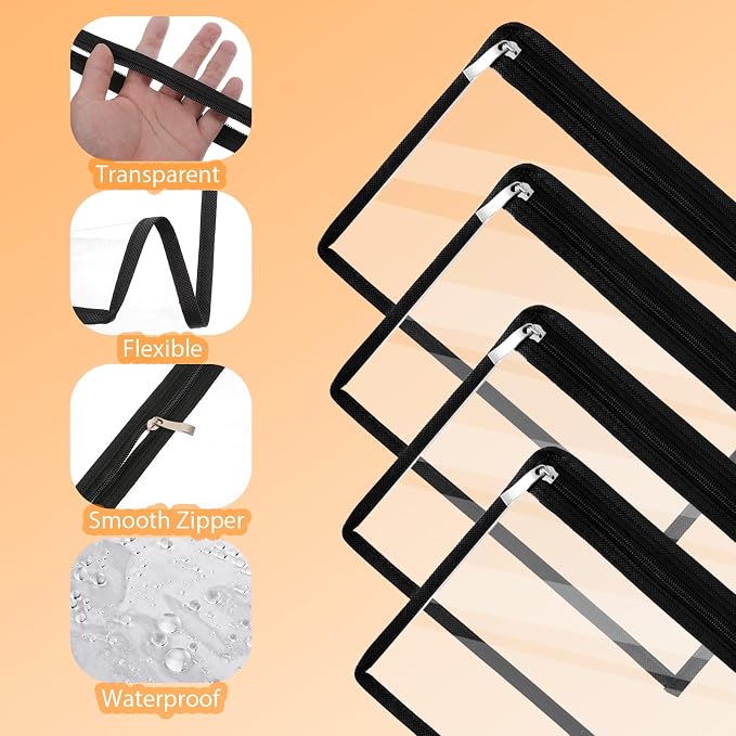 20 Pcs Large Clear Zipper Pouches Pencil Pouches PVC Makeup Pouch Envelopes Folder Storage Multi Purpose Pouch Document File Organization Bags, Office Supplies (Black Edging, 11.4 x 7.5 Inches)