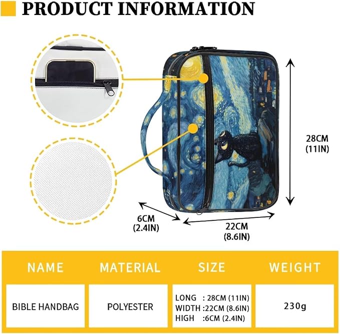 Black Cat Starry Night Print Bible Covers for Women & Men, Bible Organizer Carrying Case with Zippered Pocket Bible Protective Bag
