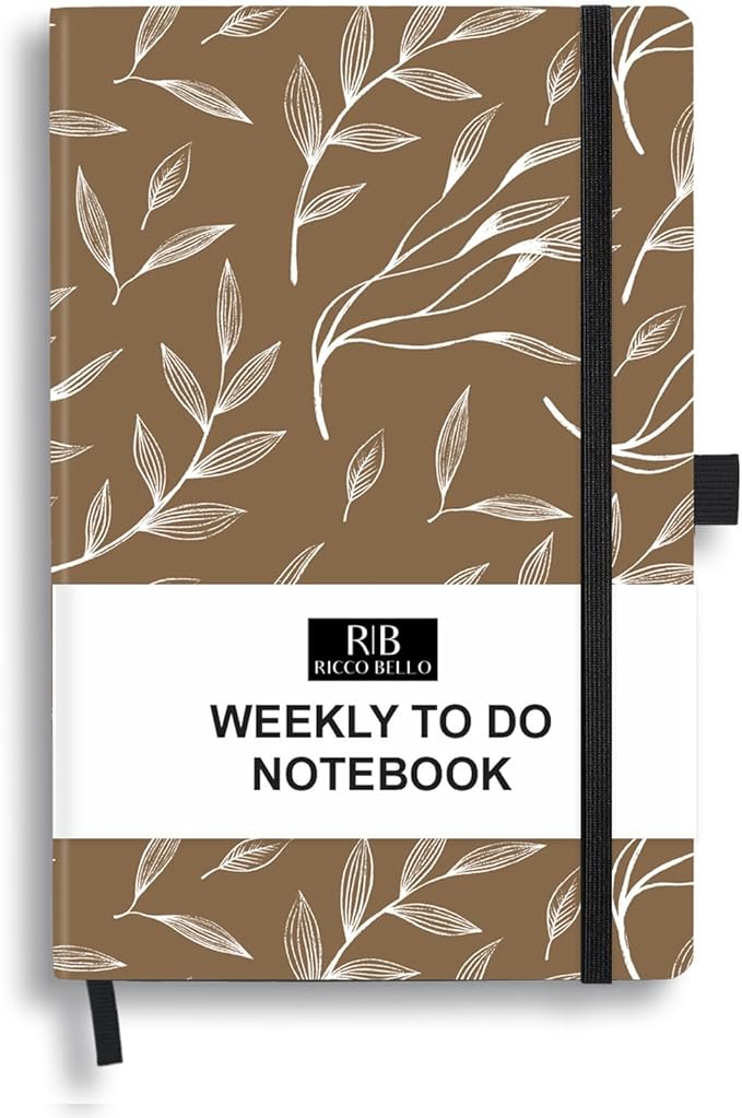 RICCO BELLO Undated Weekly Planner To Do Notebook | Hardcover, for Work, School, Home with Pen Holder, Bookmark, Band Closure, Storage Pocket, 5.7 x 8.4 Inches (Brown Leaf)