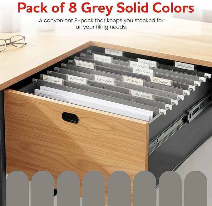 Grey Hanging File Folders – 8 Pack, Letter Size File Organization Folders for Home, Office, School & Filing Cabinets