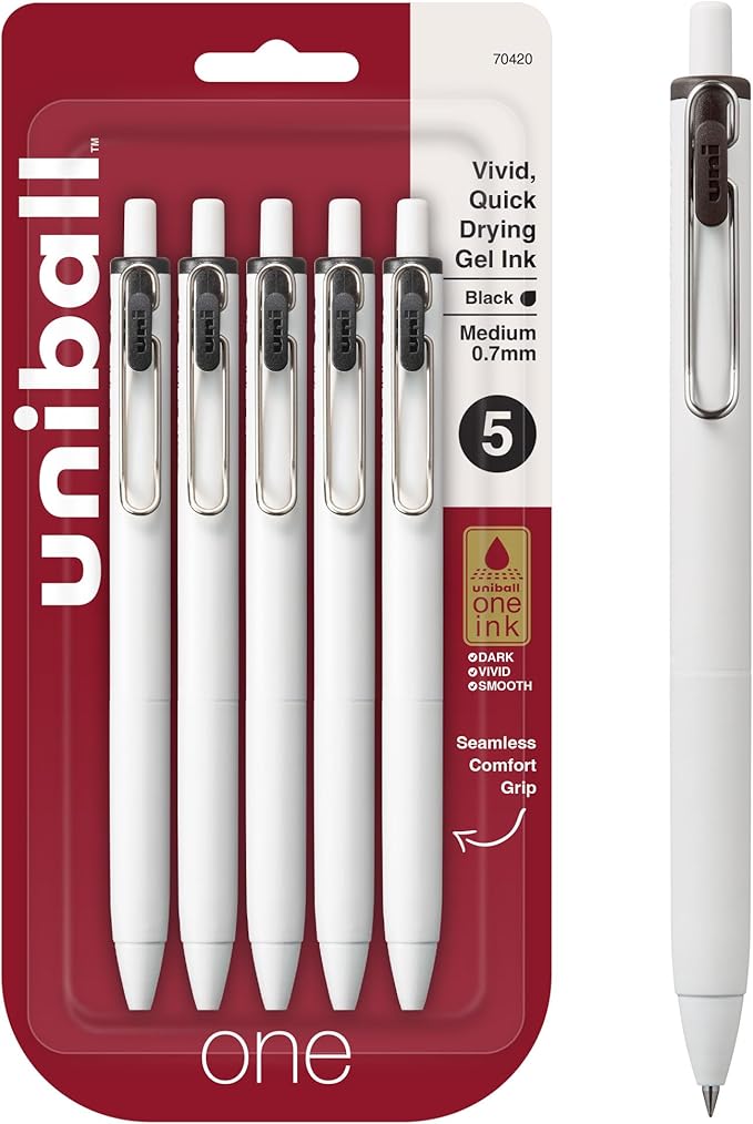 uniball one Retractable Gel Pens, Medium Point (0.7mm), Black Ink, 5 Pack