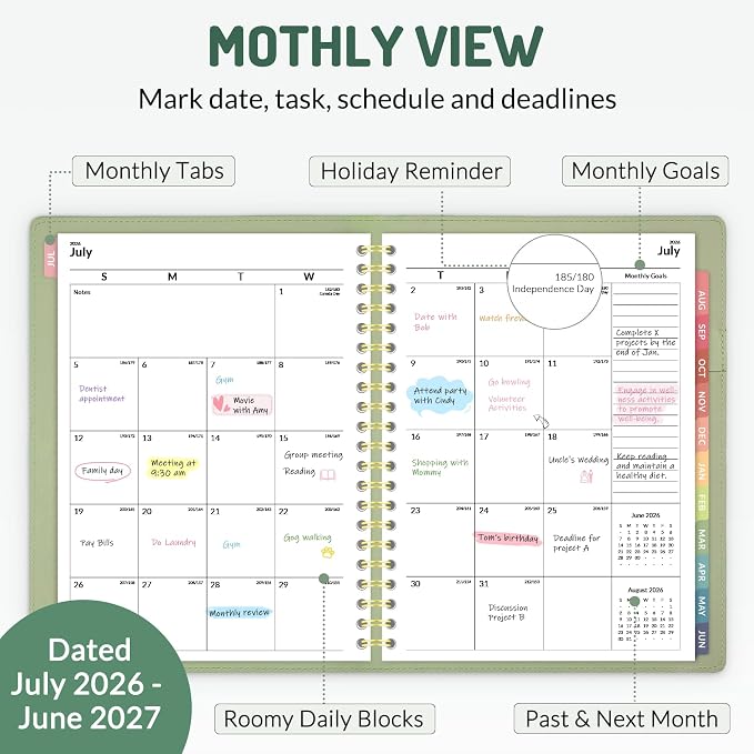 Forvencer Planner 2026-2027, Academic Planner Weekly & Monthly, Vegan Leather Cover Calendar Planner, July 2026 - June 2027, 6" x 8", Daily Agenda with Tabs, Student Teacher Planning Organizer