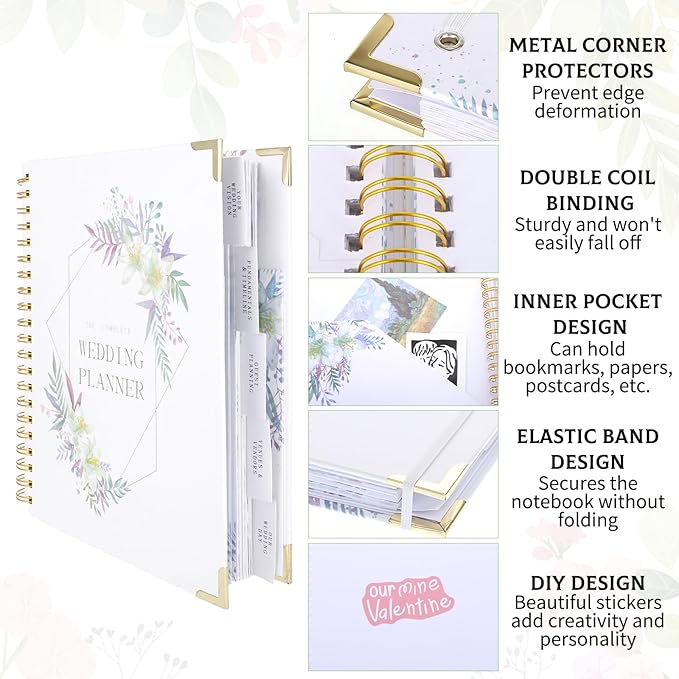 Wedding Planner Book and Organizer for Brides, 9.6 x 11 Inch Planning Binder with Countdown Calendar, Budget Sheets, Checklist, Floral Engagement Diary & Gift for Newly Engaged Couples