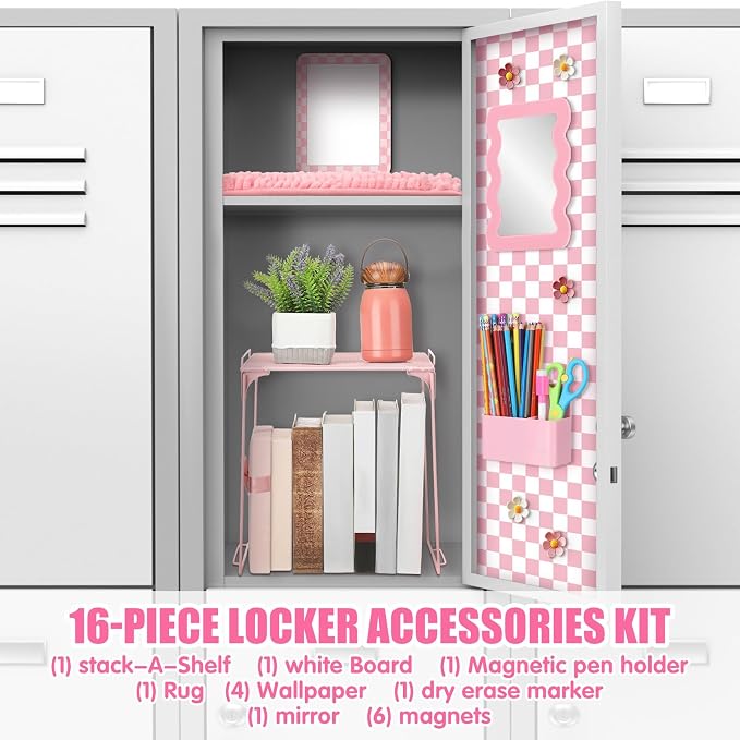 Eaasty 16 Pcs Locker Accessories Kit for Locker Organizer Shelf Checkerboard Wallpaper Magnetic Whiteboard Magnet Mirror Dry Eraser Marker Rug Flower Magnets Back to School Party (Pink Checkered)