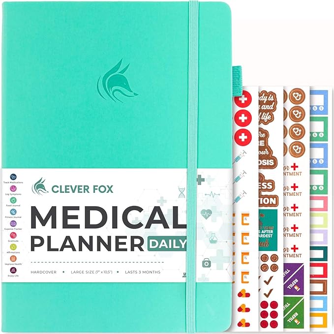 Clever Fox Medical Planner Daily – Health Diary Notebook, Wellness Journal & Self-Care Logbook, Lasts 3 Months, 7x10.5″ (Light Turquoise)