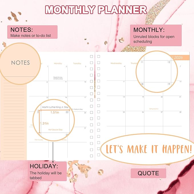 CAGIE 2026 Planner Weekly and Monthly Dec 2025–Dec 2026 Hardcover Planner with Pockets, 13 Month Large Pink Marble Calendar Planner with Stickers Tabs, Spiral Bound Yearly Calendar Planner for Women, 8.3" x 9.3"