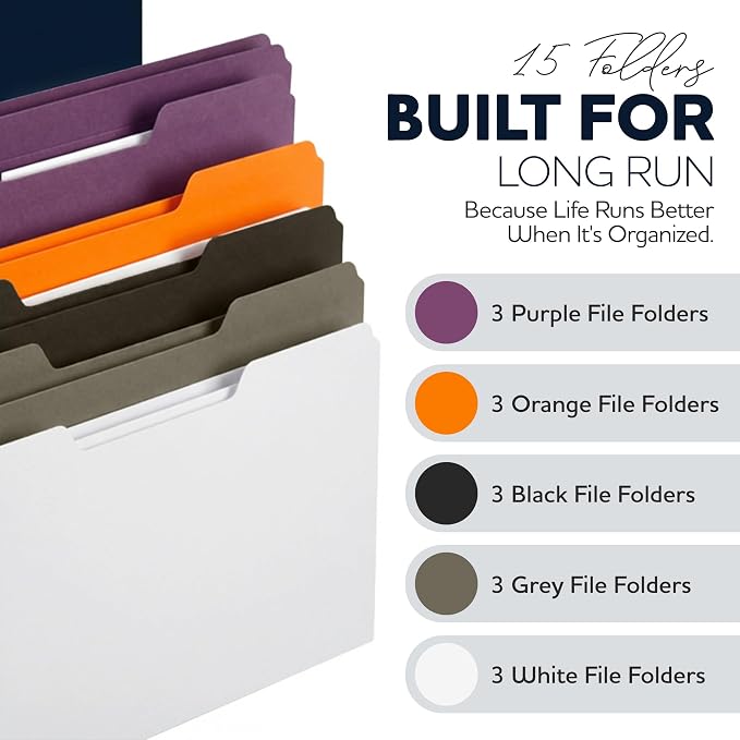 Colored File Folders 15-Pack – 5 Assorted Colors – Letter Size, 1/3-Cut Tabs – Paper Folders Modern Set: Black, Grey, White, Orange, Purple (Modern Set)