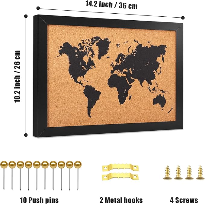 Cork Board Map of World, 14" X 11" Bulletin Boards for Walls with 10 Pins, Travel Tracker Map for Office, School and Home (WD-MAP-2636)