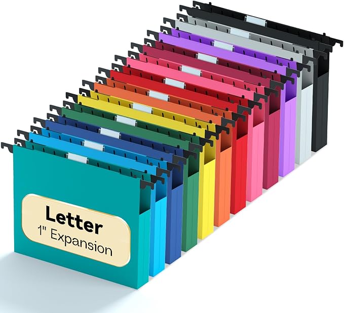 Plastic Hanging File Folders Letter Size,12 Pack Durable Filing Cabinet Folders with Tabs,1 inch Expanding Hang Folder for Home Office,Colored Heavy Duty File Folder Hangers for File Frame Box