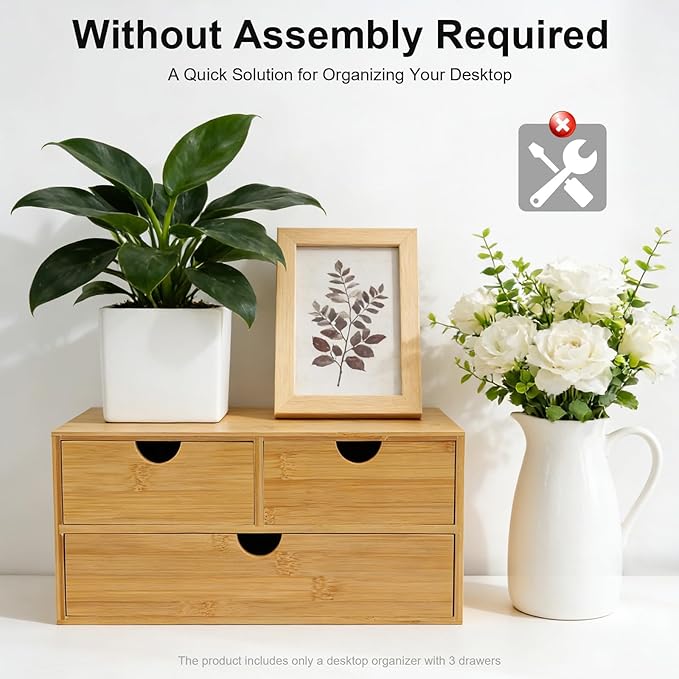 Desk Organizer, Office Vanity Bamboo Desk Organizer, Mini Bamboo Desk Drawer Tabletop Storage Box with 3 Drawer Night Stand Table Organizer for Makeup Vanity Office Supplies (3 Drawer, 2 Top+1 Bottom)