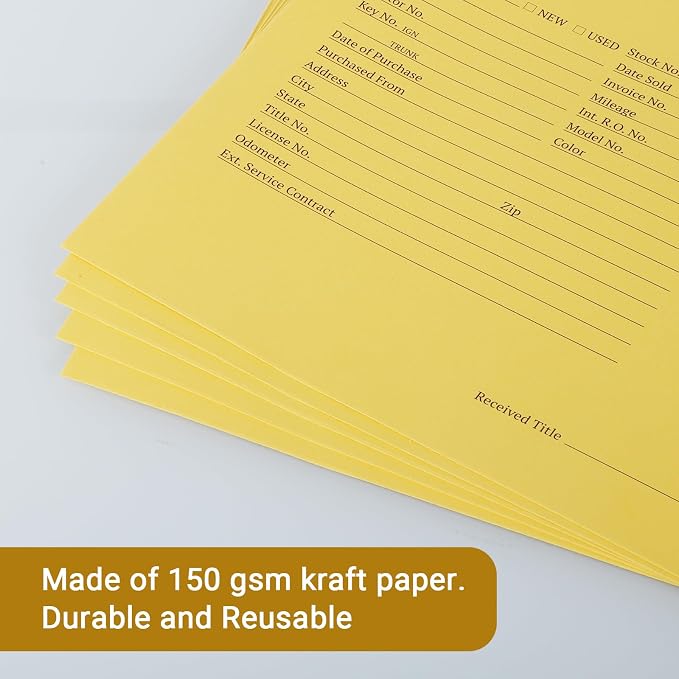 100 Pack Vehicle Deal Jackets for Dealerships, 9X12 Inch Printed Vehicle Deal Envelopes, Car Sales Deal Folders, Dealer Record Envelopes (Yellow)