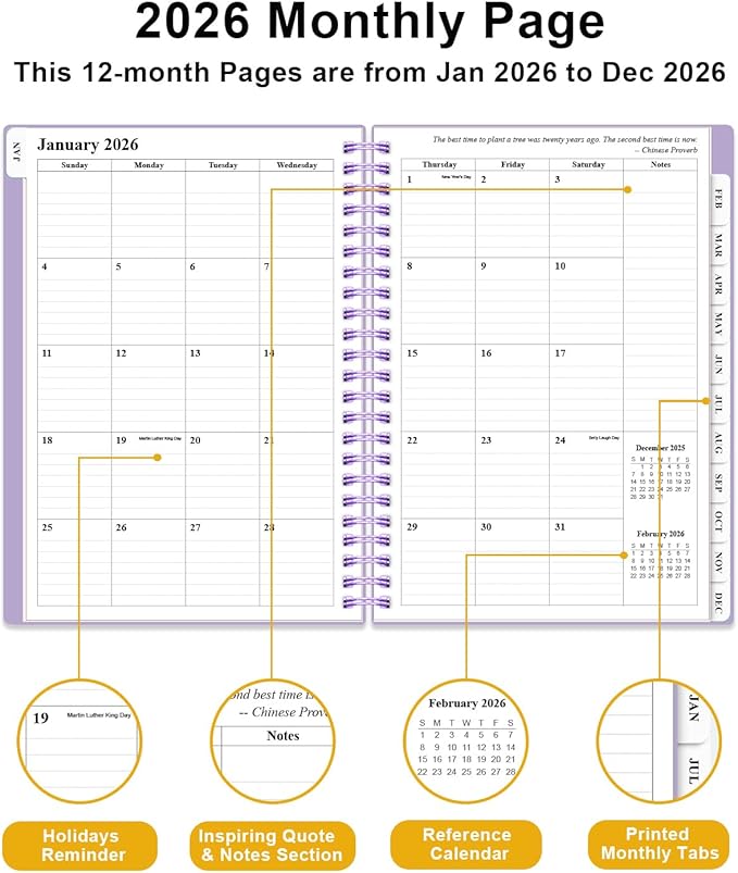 Planner 2026 - Weekly & Monthly Planner from January 2026 to December 2026, Agenda 2026 with Inner Pocket, Elastic Band, 6.4" x 8.5", Purple