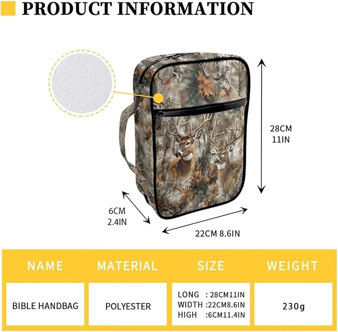 Suobstales Deer Camo Forest Print Bible Covers for Women Men Lightweight Bible Bag Bible Accessories with Handle and Zippered Pocket Bible Tote Bag for Kids