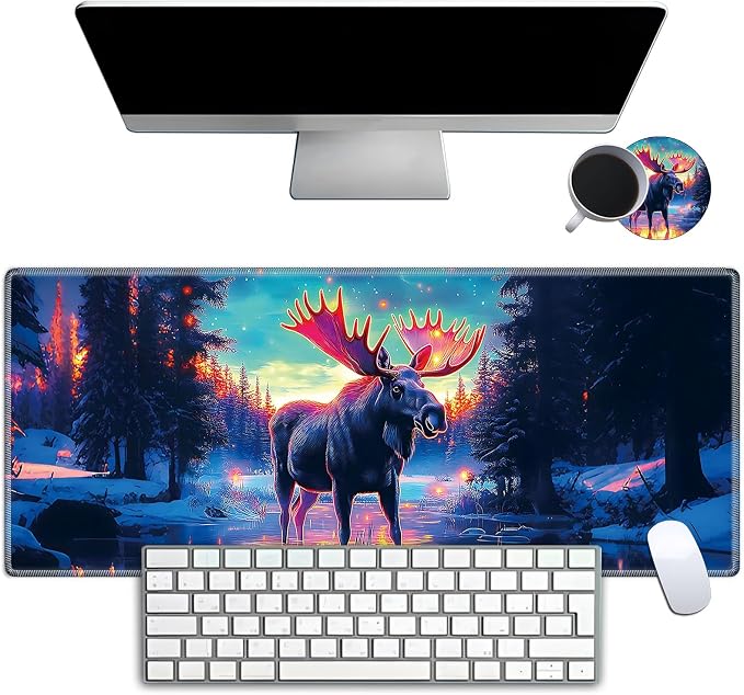 Mouse Pad Gaming Mousepad 31.5x11.8 Inch XXL Large + Coasters,Desk Mat with Stitched Edges, Non-Slip Rubber Base, Thick Mouse Pad for Computer, Laptop, Office & Home - Glowing Moose Deer