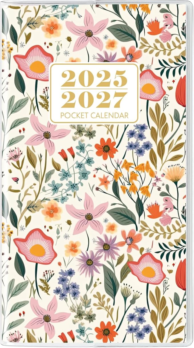 Pocket Calendar 2025-2027, Monthly Purse Planner - 6.7" x 3.7" - Covers from September 2025 to December 2027, Pocket Calendar with PVC Cover for Planning, Organizing and Office - Floral Design