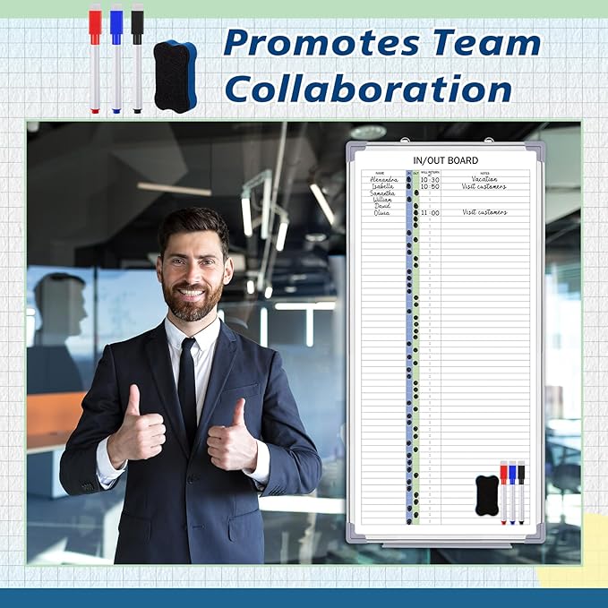 Lincia in and Out Magnetic Dry-Erase Board 36 x 18 Aluminum Framed White Board with Lines 53 Names with Magnetic Dry-Erase Marker, Eraser, and 55 Magnets Wall-Mounted for Office Employee