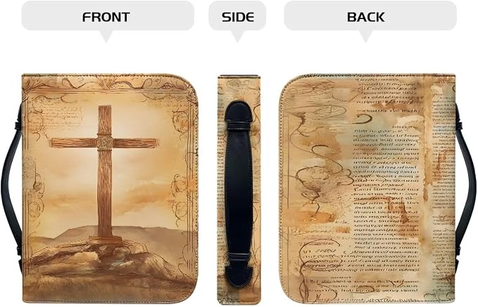 Retro Cross Monogram Bible Covers for Women Large Size PU Leather Bible Carrying Case with Handle Waterproof Bible Protector Portable Bible Organizer Bag