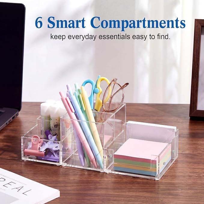 Novabright Magnetic 3-in-1 Clear Acrylic Desk Organizer, 6 Compartment Modular Pen Pencil Holder with Sticky Note Tray, Stationery Caddy & Desktop Storage Organizer for Office Home