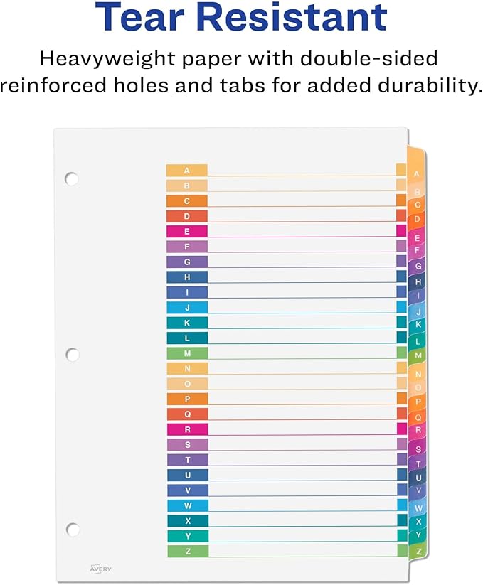 Avery A-Z Dividers for 3 Ring Binders,26 Tabs per Set,Customizable Table of Contents,Multicolor Tabs,Great for Organizing Reports,Projects,and More (11125),(Pack of 12)
