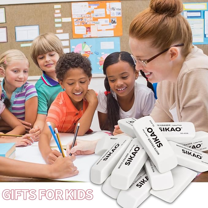 White Erasers, 12 Pack Pencil Erasers for Kids – Latex-Free & Smudge-Free Beveled Rubber Erasers for School Supplies, Classroom, Tests & Homework