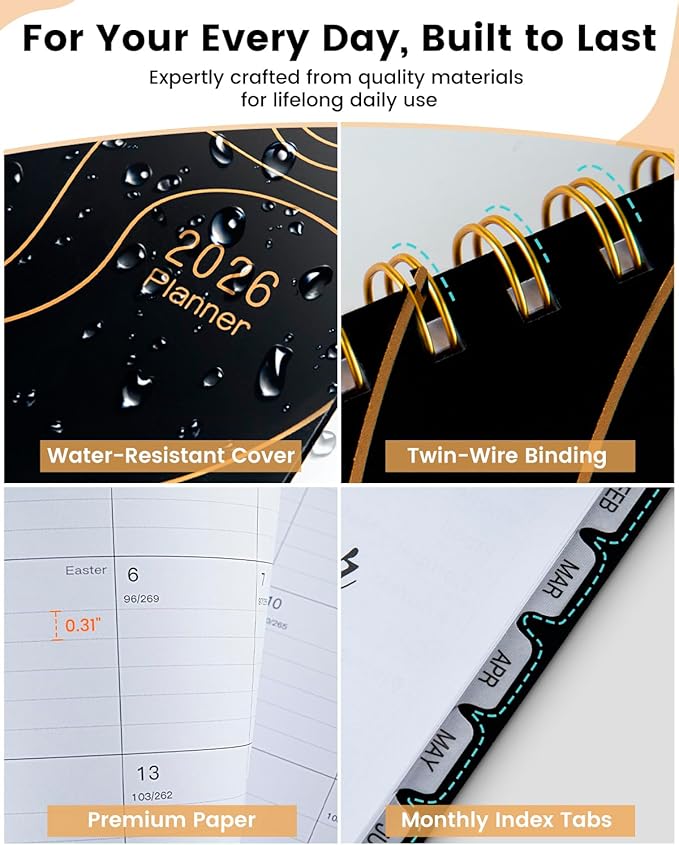2026 Planner Weekly and Monthly, HZZHE 8.8"x11.5" Large Spiral Yearly Notebook with Jan.2026-Dec.2026 Calendar, Water Resistant Cover, Monthly Tabs, Daily Organizer for School Office Supplies - Black A4 100GSM 140P