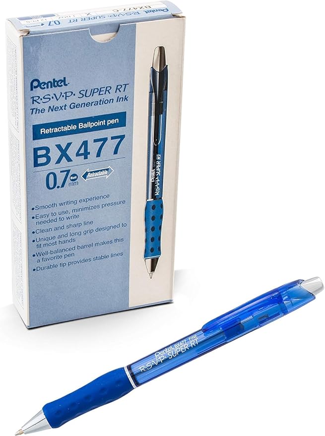 Pentel RSVP Super RT Ballpoint Pen, (0.7mm) Fine Line, Blue Ink, Box of 12 (BX477-C)