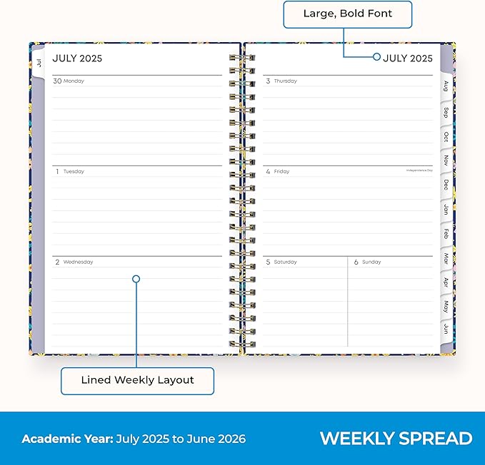 Blue Sky 2025-2026 Weekly and Monthly Academic Year Planner Calendar, July 2025 - June 2026, 5" x 8", Hard Cover, Wirebound, Storage Pocket, Laminated Tabs, Stickers, Becky