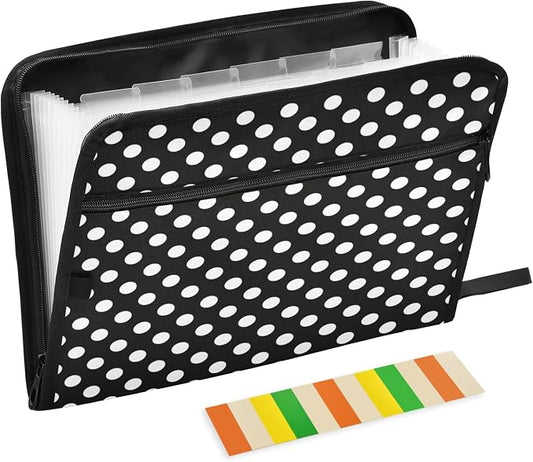 ALAZA Polka Dots Black White 13 Pocket Expanding File Folder with Labels, Accordion File Folder File Organizer Letter A4 Paper for Office School Student