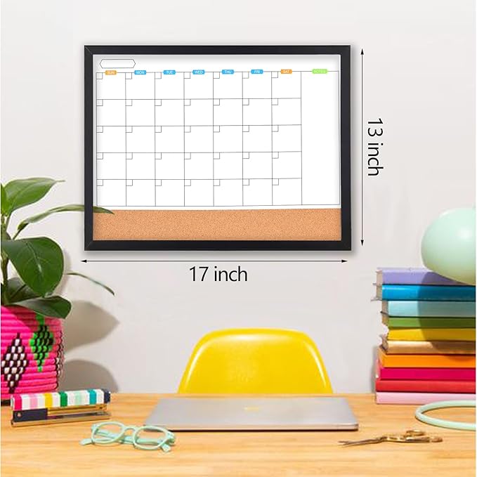 Monthly Whiteboard Calendar with Cork Board for Wall, 17"x13",Magnetic Dry Erase Board with Black Wood Framed,2-1 Wall Planner Whiteboard, Bulletin Board with Pins for Home, School,Office