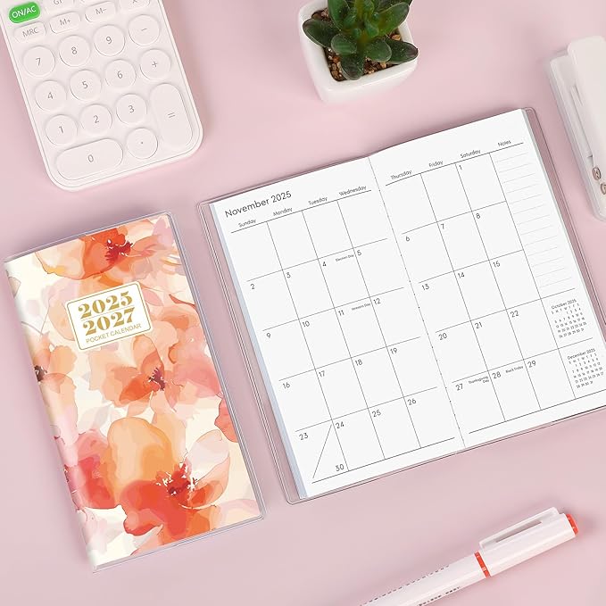 KONVINIT Pocket Calendar 2025-2027, Floral 2025-2027 Monthly Planner - 3.7" x 6.7" - Runs from July 2025 Until December 2027, 2026 Pocket Planner with PVC Cover for Home, School, Office Supplies